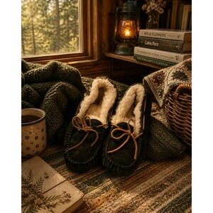 UGG Dakota Black Suede Moccasin Slippers Womens 8 Sheepskin Lined  cottagecore